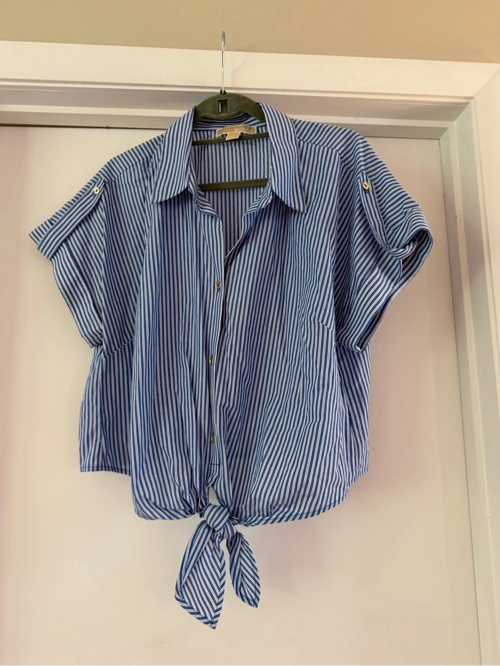 Michael Kors Blue & White Stripe Matching Set | Button Front Tie Shirt & Shorts